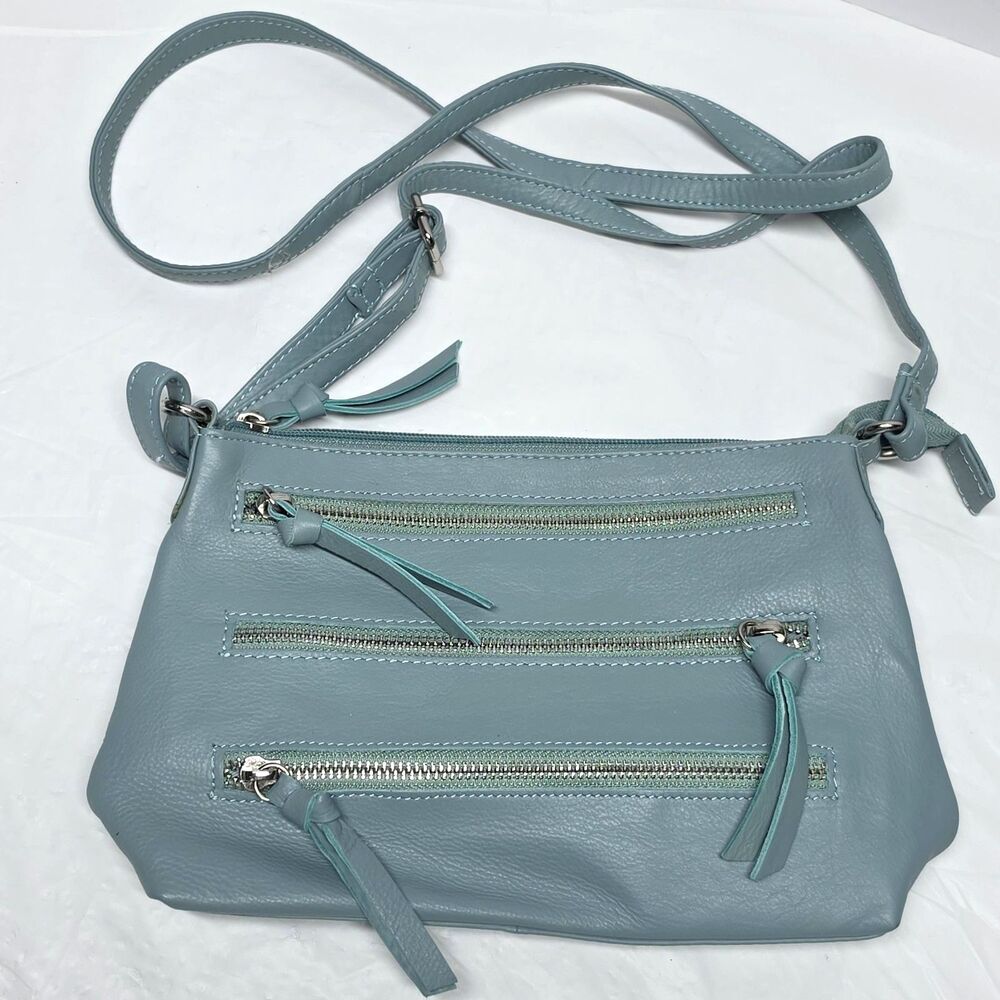Great American Leatherworks Teal  Crossbody Purse Multi Zip Pockets Boho Moto